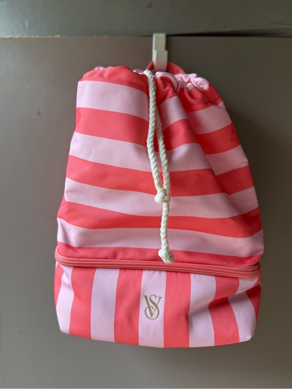 Victoria's Secret Pink and Coral Striped Drawstring Backpack with Gold Logo